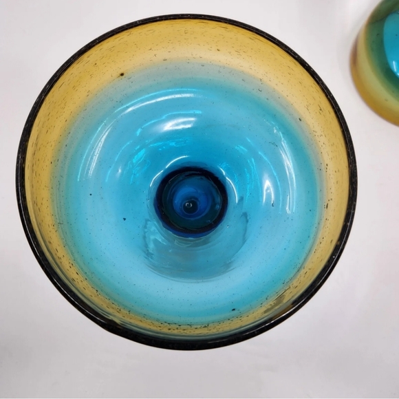 Vtg Pair Mexican Hand-Blown  Margarita Art Glasses Amber/ Turquoise Fade HEAVY - Picture 5 of 8